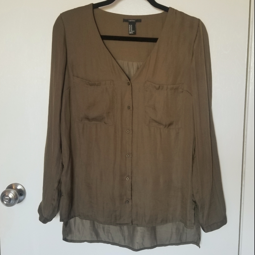 Forever 21 olive green satin blouse
